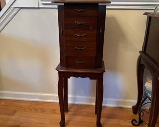 C42 - $35. Small Jewelry Box. Measures 12.25" wide x 8.5" deep x 33.5" tall. Very petite size - pressed wood.