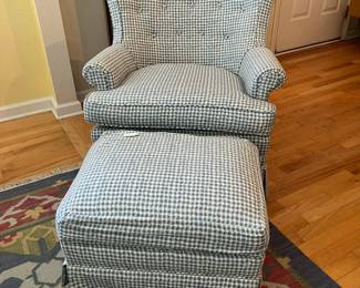 C156 - $175. Upholstered Chair & Ottoman. Measures 30.5" wide x 30" deep x 31" tall. Ottoman measures 23" x 18" x 14" tall.