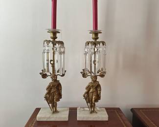 C59 - $125 PAIR of Brass, Marble & Crystal Girandoles. Measures 5.5" x 16" tall (without candle). Does have a broken crystal - could be replaced.