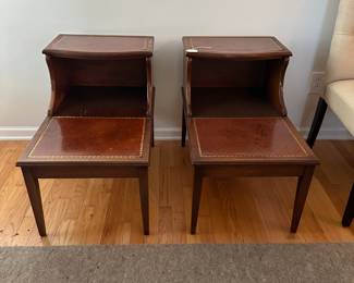 C57 - $75. Pair of Wood & Leather Top Side Tables. Measures 18" wide x 27.5" deep x 24.5" tall. Sturdy but they do show some signs of wear.