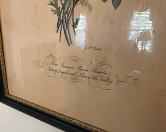 C61 - $30. JL Prevost Floral Print No. 4. Roses, Anemones, Pansies, Primula, Nutmeg, Jonquils & Lilies of the Valley. Framed it measures 14" x 17".