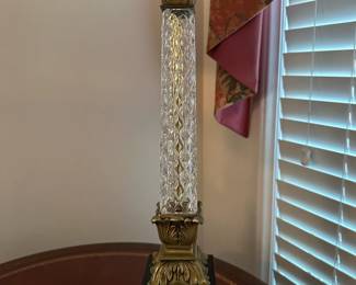 C68 - $45 PAIR of table lamps. Brass & Metal base with crystal. Shades are in good condition. Measures 30" tall.