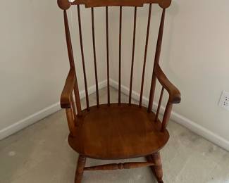 C107 - $60. Vintage Nichols & Stone Wooden Rocker. Measures 22.5" wide x 13" floor to seat x 39.5 Floor to top of back.