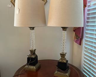 C68 - $45 PAIR of table lamps. Brass & Metal base with crystal. Shades are in good condition. Measures 30" tall.