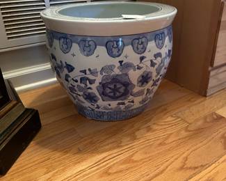 C94 - $35. Blue & White Ceramic Planter Pot. Measures 14" across x 11.5" tall.