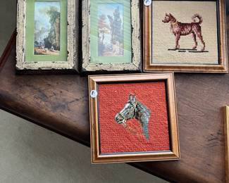 C122 - $10 Each Small Framed Prints. PENDING $8 Each Dog & Horse Needlepoint.