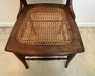 C102 - $50 PAIR of Antique Spindle Chairs. Single Caned - no holes but aged caning. Measures 16.5" wide x 17" floor to seat x 35.5" tall.