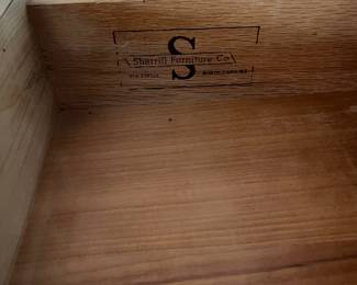 C11 - $100. Sherrill Furniture Co. Statesville, NC. Chest of Drawers. Measures 37" wide x 19" deep x 48" tall. A few minor scuffs & scratches but all drawers slide. Bottom drawer track is cracked so drawer sits at an odd angle - should be an easy fix! Good vintage condition!