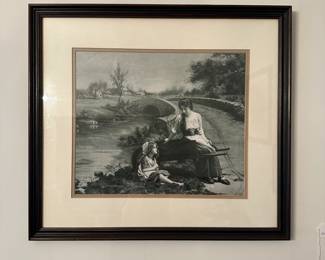 C38 - $30. Framed Print of 2 girls near the river. Measures 22" x 20.5".