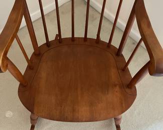 C107 - $60. Vintage Nichols & Stone Wooden Rocker. Measures 22.5" wide x 13" floor to seat x 39.5 Floor to top of back.