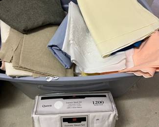 C119 - $25. Box of Fabric Scraps. PENDING$20 New in Package Queen Sheet Set White.