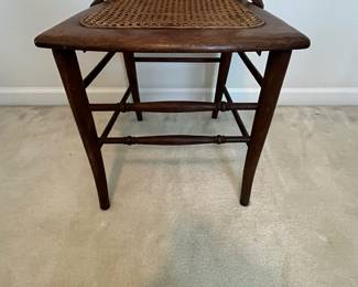 C102 - $50 PAIR of Antique Spindle Chairs. Single Caned - no holes but aged caning. Measures 16.5" wide x 17" floor to seat x 35.5" tall.