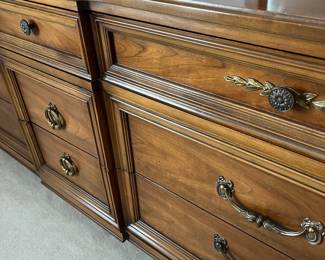 C30 - $175. Vintage Wooden Dresser. Measures 73.5" x 19" deep x 32.5" tall. Mirrors are 19.5" wide x 45" tall. All drawers slide. Very good vintage condition - just a few marks on the finish on the top.