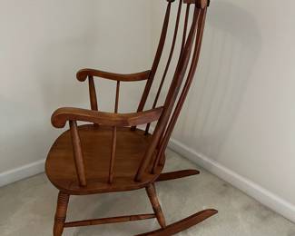 C107 - $60. Vintage Nichols & Stone Wooden Rocker. Measures 22.5" wide x 13" floor to seat x 39.5 Floor to top of back.