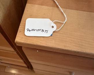 C92 - $40. Small Wooden Dresser / Chest. Unfinished wood. Measures 26.25" wide x 15" deep x 33.75" tall.