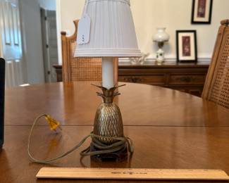 C53 - $15. Brass Pineapple Table Lamp. 11.5" tall. Shade is in good condition. Wooden base has some wear.
