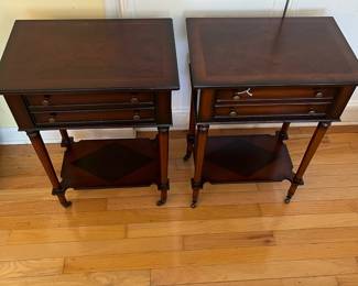 C3 - $75 PAIR of Bombay side tables with drawers. Measures 17.75" wide x 12" deep x 25" tall.