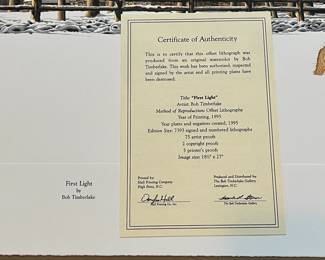 BT8 - $250. Bob Timberlake "First Light". Unframed. In Original Packaging. Signed & Numbered. #1167/7393. (Selling from Bob Timberlake currently for $650.)