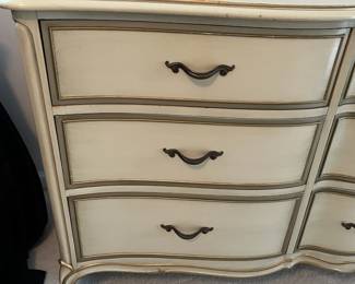 C9 - $150. Drexel Dresser with Mirror. Measures 63.5" x 22.5" deep x 34.5" tall. Mirror is 44.5" x 37". Minor crazing on the paint on the top.