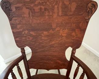 C13 - $50. Antique Rocker with Leather Seat. Outside of arms measures 24". Floor to top of back is 36". Seat is 20" wide x 16" deep x 18" floor to seat. Needs a bit of glue to hold a veneer piece on the back. Solid - great display piece!
