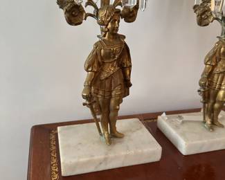 C59 - $125 PAIR of Brass, Marble & Crystal Girandoles. Measures 5.5" x 16" tall (without candle). Does have a broken crystal - could be replaced.