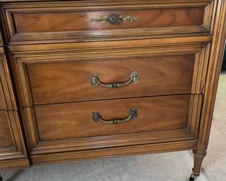 C30 - $175. Vintage Wooden Dresser. Measures 73.5" x 19" deep x 32.5" tall. Mirrors are 19.5" wide x 45" tall. All drawers slide. Very good vintage condition - just a few marks on the finish on the top.