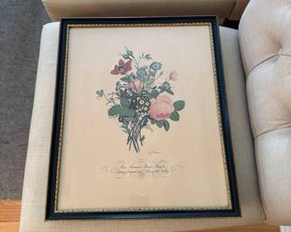 C61 - $30. JL Prevost Floral Print No. 4. Roses, Anemones, Pansies, Primula, Nutmeg, Jonquils & Lilies of the Valley. Framed it measures 14" x 17".