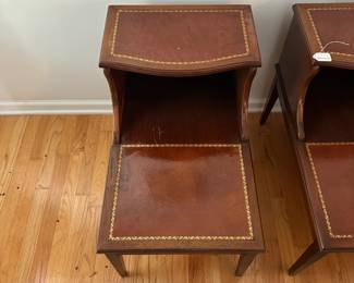 C57 - $75. Pair of Wood & Leather Top Side Tables. Measures 18" wide x 27.5" deep x 24.5" tall. Sturdy but they do show some signs of wear.