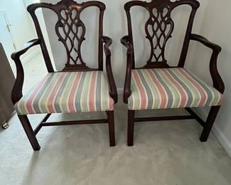 C14 - $75. PAIR of Arm Chairs. Measures 26" at the widest point. Floor to seat is 17". Floor to top of back is 36.5". Would benefit from being reupholstered.