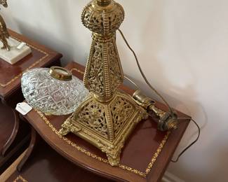 C65 - $25. Brass & Glass Table Lamp - needs repair / glue. Measures 36" tall assembled to top of harp.