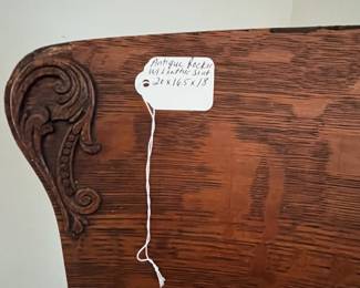 C13 - $50. Antique Rocker with Leather Seat. Outside of arms measures 24". Floor to top of back is 36". Seat is 20" wide x 16" deep x 18" floor to seat. Needs a bit of glue to hold a veneer piece on the back. Solid - great display piece!