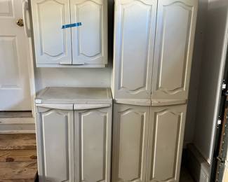 C141 - $50 each. 3 Tall Cabinets Available. $20. 1 Shelf Available. $30 each. 3 *1/2* Cabinets Available. (Keter Tall Cabinets Measures 25.5" wide x 17.75" deep x 69.5" tall) (Half Cabinets measures 25.5" wide x 17.75" deep x 35.5" tall. ) These have all been used inside in a garage. They have been used and are in good condition.