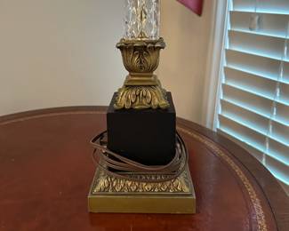 C68 - $45 PAIR of table lamps. Brass & Metal base with crystal. Shades are in good condition. Measures 30" tall.