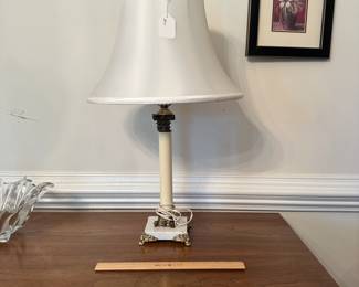 C45 - $25. Marble & Brass base table lamp. Measures 24" tall. Shade is in great condition!