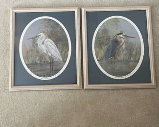 C10 - $50. PAIR of Signed Prints by Anne Smith. Great American Egret #325/1000. & Great Blue Heron #175/1000. Framed they measure 15" x 17.5" each.