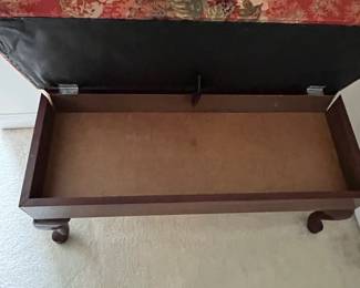 C108 - $20. Upholstered Storage Bench. One corner needs repair. Measures 37" wide x 14.5" deep x 17" tall.