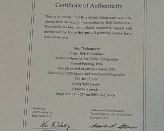 BT10 - $250. Bob Timberlake "Volunteers". Unframed. In Original Packaging. Signed & Numbered. #1167/1250. (Selling from Bob Timberlake currently for $775.)