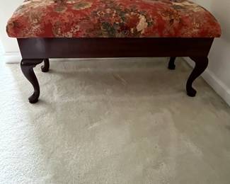 C108 - $20. Upholstered Storage Bench. One corner needs repair. Measures 37" wide x 14.5" deep x 17" tall.