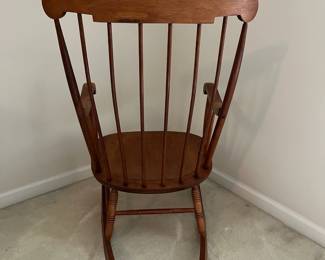 C107 - $60. Vintage Nichols & Stone Wooden Rocker. Measures 22.5" wide x 13" floor to seat x 39.5 Floor to top of back.