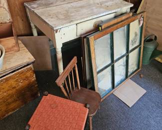 Wooden Desk with Drawer, Wooden Windows, Stool, Small Wood Chair