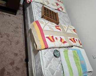Twin Bed, Quilts, Towels, Wood Storage Shelf