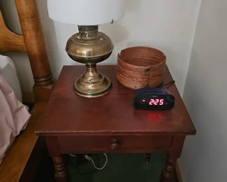 Wood Side Table, Oil Lamp