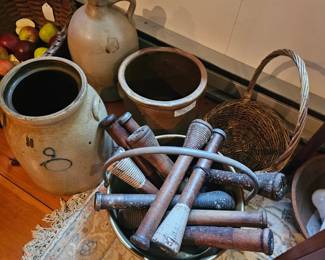 Wooden Spools, Stoneware Jugs, Baskets