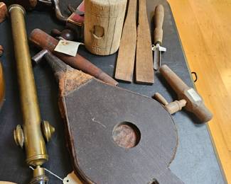 Fireplace Bellows, Block and Tackle Pulley, Wooden Mallet, Chisel