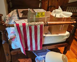 Wood Stool, Wood Bed Frame, Brass Lamps and Shades