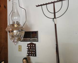 Hanging Oil Lamp, Wood Hay Rake