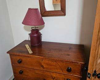 Wooden Dresser, Lamp, Framed Hanging Mirror