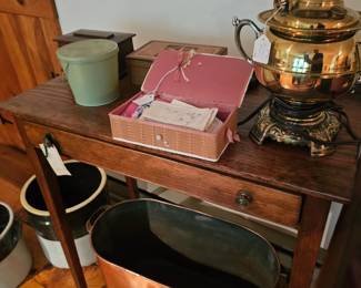 Copper Basin, Wood Table, Lamp