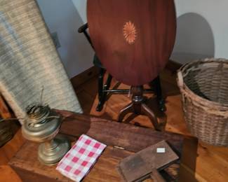 Brass Lamp Base, Wood Storage Box, Flip Top Table