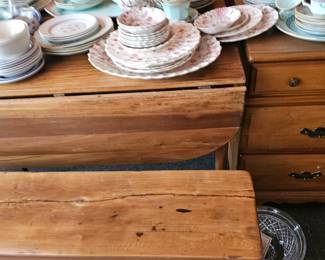 China Set, Wooden Drop Leaf Table and Bench